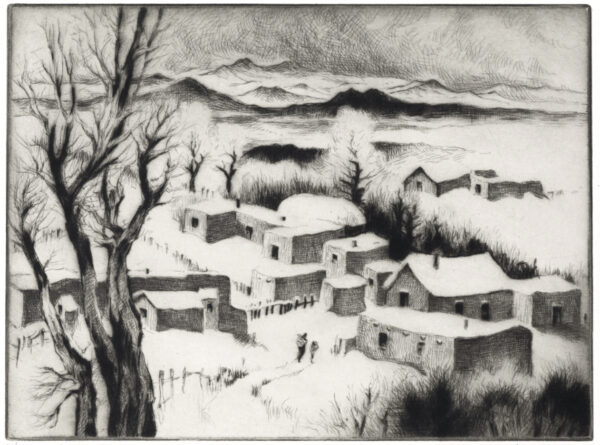 A drawing of a snowy landscape with houses