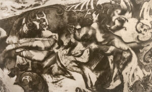 A black and white image of some people in the water.