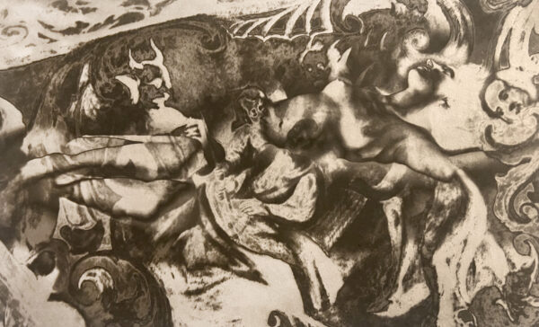 A black and white image of some people in the water.