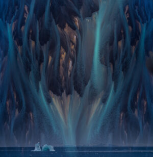 A painting of a waterfall with a boat in the water.
