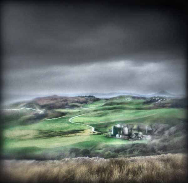 A painting of a green field with dark clouds overhead.