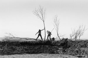 Two people standing on a hill with trees in the background
