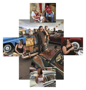 A collage of people and cars with one woman sitting on the ground.
