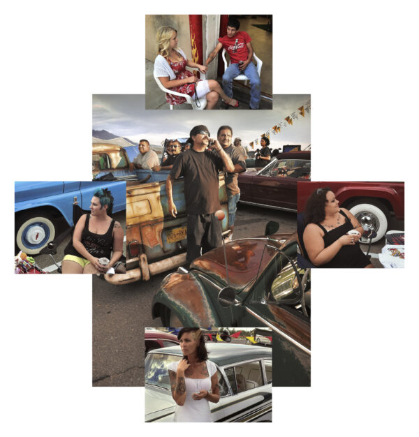 A collage of people and cars with one woman sitting on the ground.