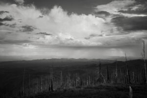 A black and white photo of the sky over a field.