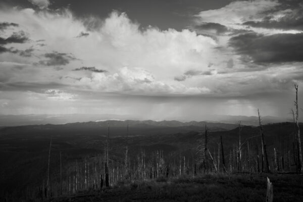 A black and white photo of the sky over a field.
