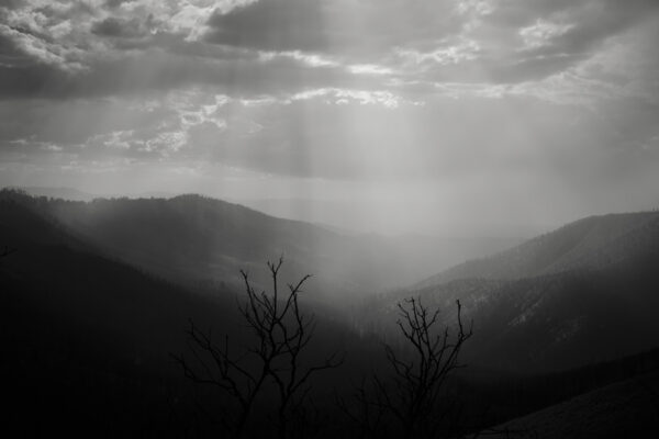 A black and white photo of the sun shining through clouds.
