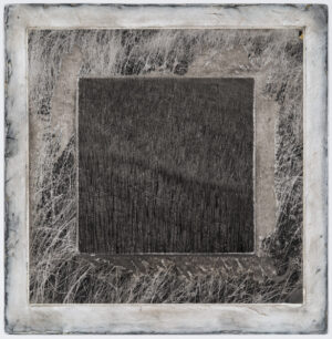 A square picture frame with grass in it.