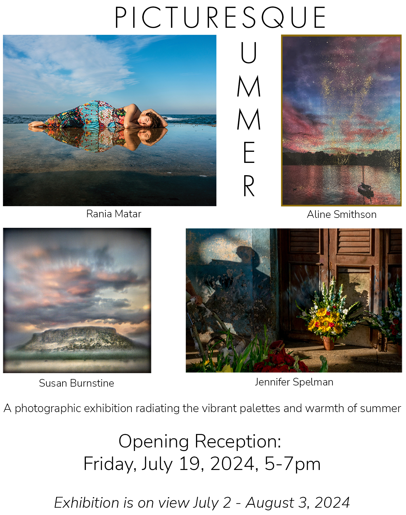 Picturesque Summer group exhibition, Picturesque Summer, radiating the vibrant palettes and warmth of summer through the photography of four female photographers. Opening reception July 19, 5-7pm