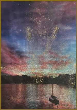 A painting of the sky and water with fireworks.