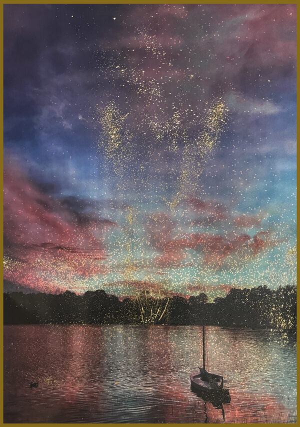 A painting of the sky and water with fireworks.