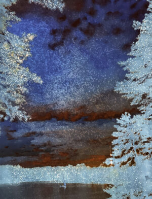 A painting of trees and snow on the ground