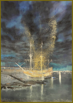 A painting of a boat in the water