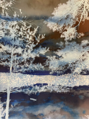 A painting of trees and clouds in the sky.