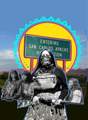 A collage of photos with the sign for san carlos apache reservation.