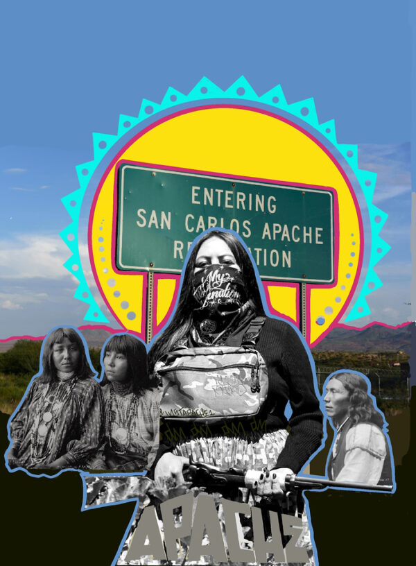 A collage of photos with the sign for san carlos apache reservation.