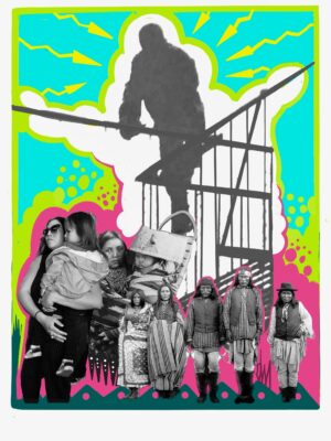 A group of people standing around a fire escape.