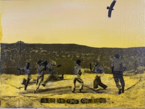 A painting of people playing baseball in the desert.