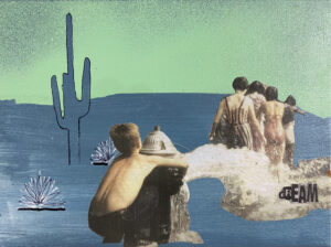 A collage of people in the water with cactus.