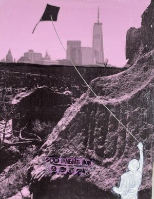 A pink and black photo of a man on a rope.