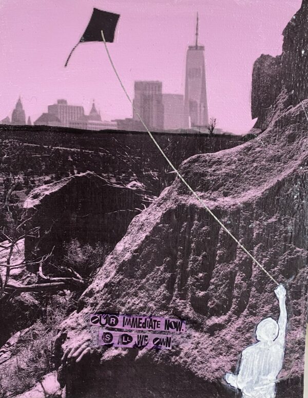 A pink and black photo of a man on a rope.