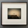 A framed photograph of a bird flying over the top of a building.