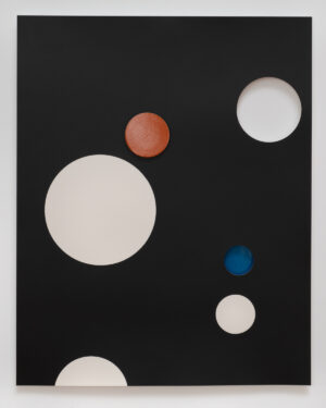 A black and white painting with red, blue, and white circles.