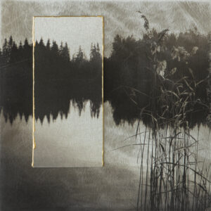 A painting of trees and water with a gold frame.