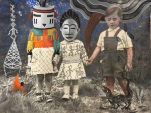 A painting of two people and a boy holding hands.