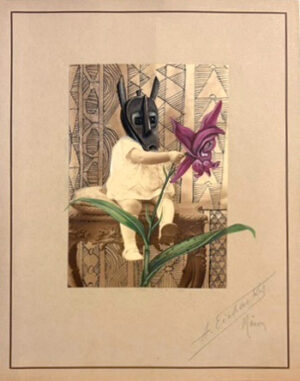 A painting of a dog sitting on top of a chair.