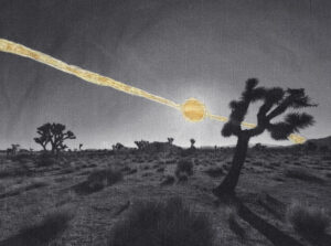 A black and white photo of the sun setting in the desert.