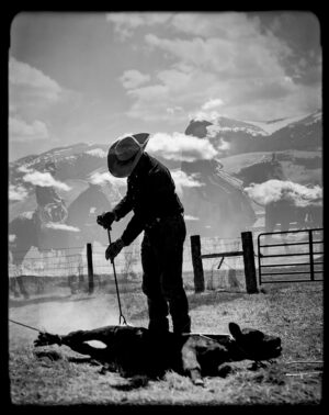 A man in cowboy hat standing next to a horse.