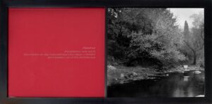 A red book with a black and white photo of trees