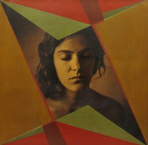 A painting of a woman with long hair and red, green and yellow triangles.