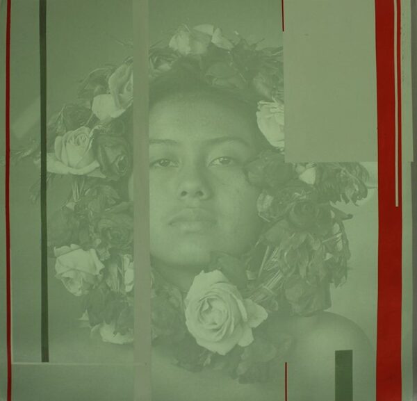 A woman with flowers in her hair is behind a screen.