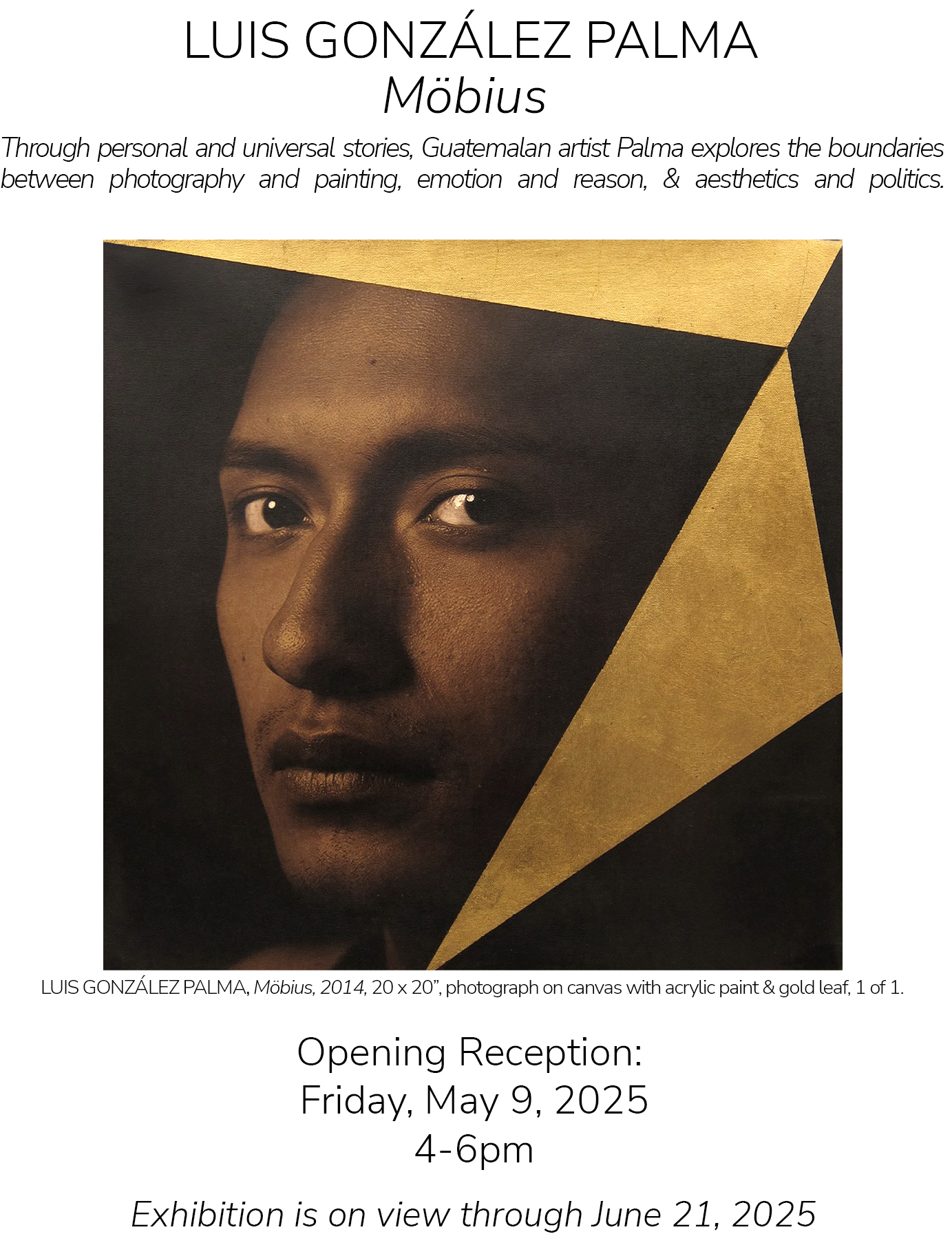 LUIS GONZALEZ PALMA: MOBIUS on view through June 21, reception on May 9, 2025.