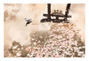 NEVADA WIER. Japan. Yufuin Kinrin-Ko. Egret, Torii, Leaves. 2025